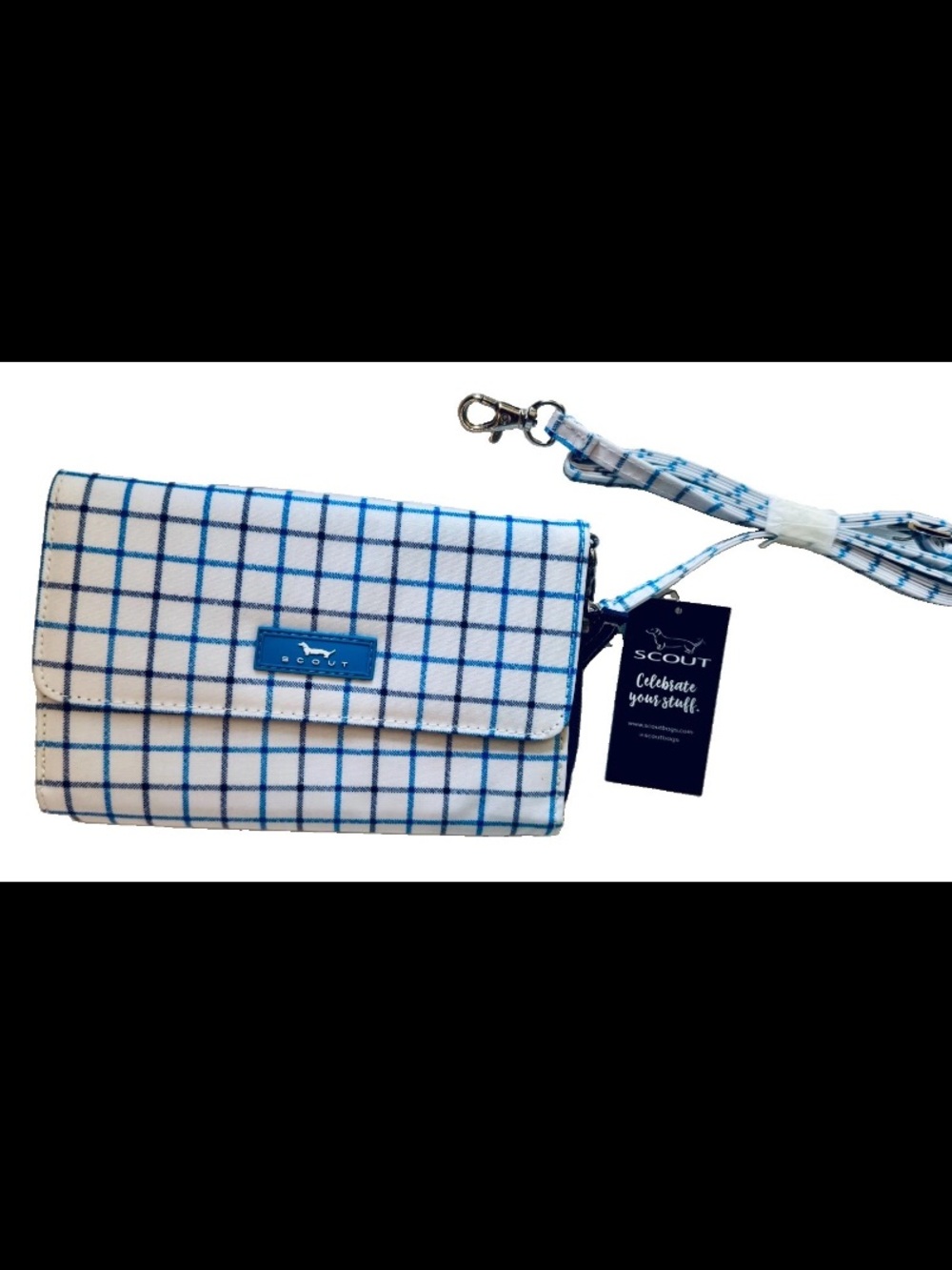 NWT Scout ‘Decker’ Clutch Wallet Crossbody Organizer White & Blue Check 2 Pocket